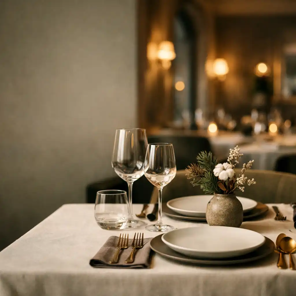 Elegáns éttermi enteriőr terített asztallal és lágy esti fényekkel