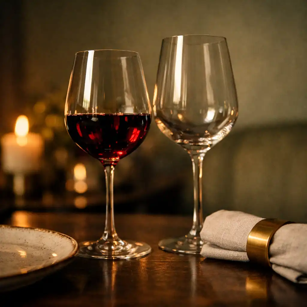 Borospoharak és kerámiatányér egy intim fine-dining asztalon