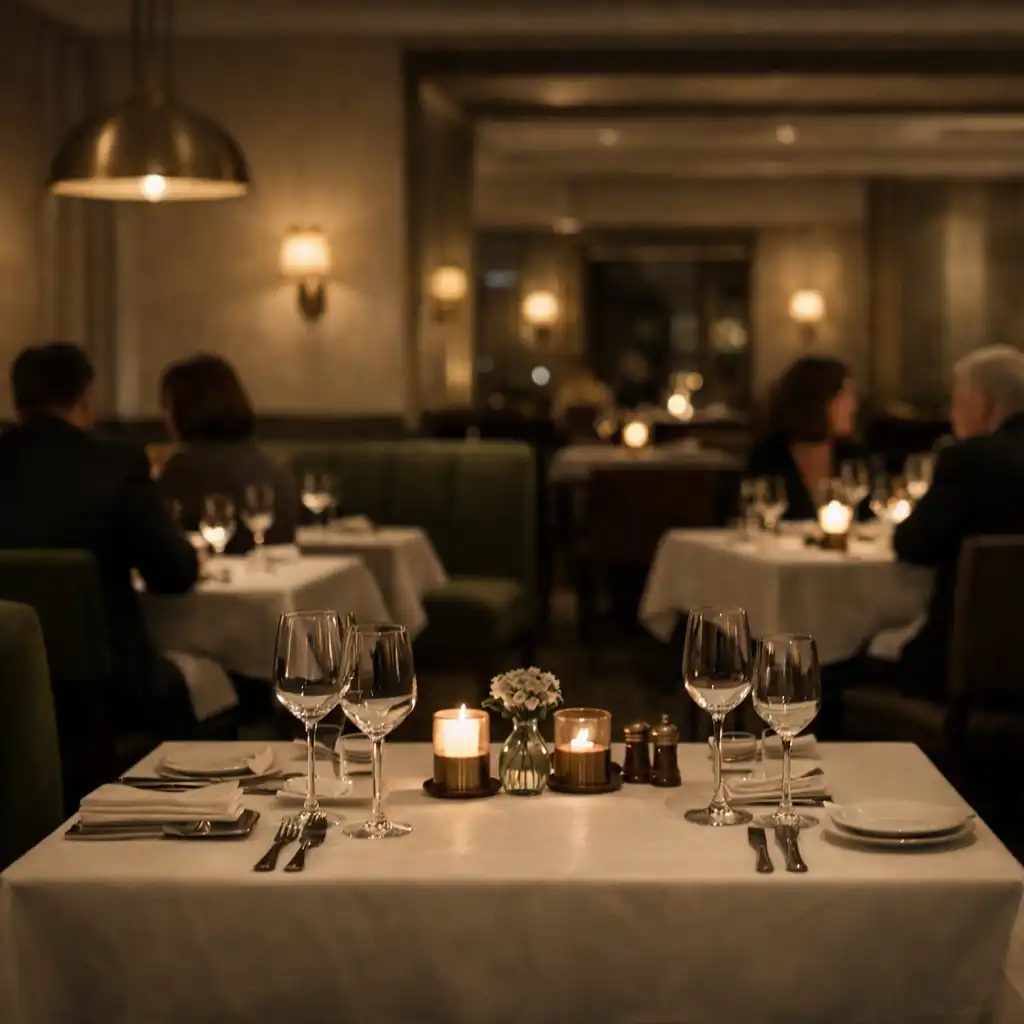 Meleg fényű, terített fine-dining éttermi enteriőr esti hangulatban