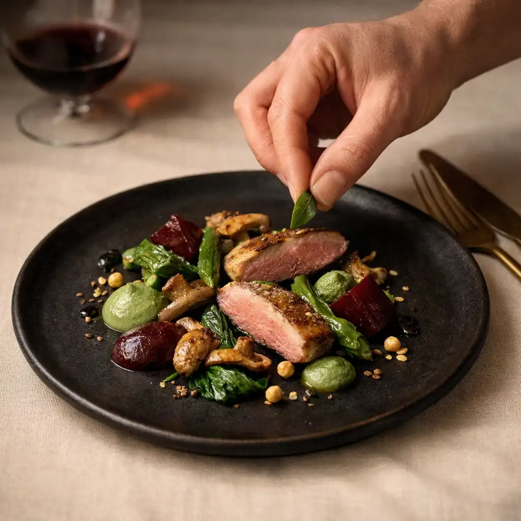 Szezonális fine-dining fogás sötét kerámiatányéron, séf kézmozdulatával