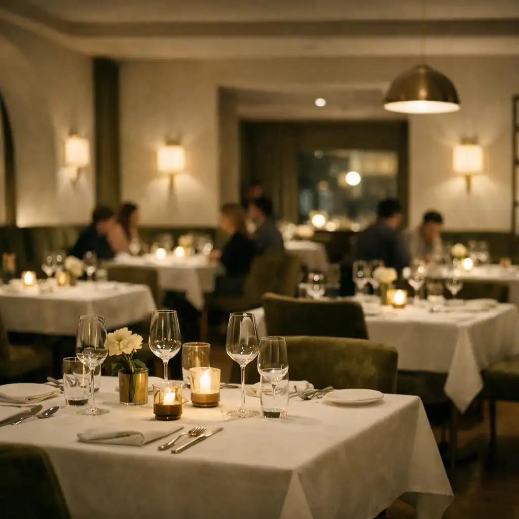Meleg esti fényekkel megvilágított, terített fine-dining éttermi enteriőr