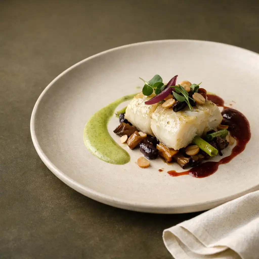 Szezonális fine-dining fogás matt kerámiatányéron, elefántcsont vászon mellett