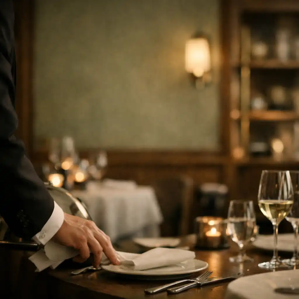 Meleg fényű fine-dining enteriőr és diszkrét szervizmozdulat